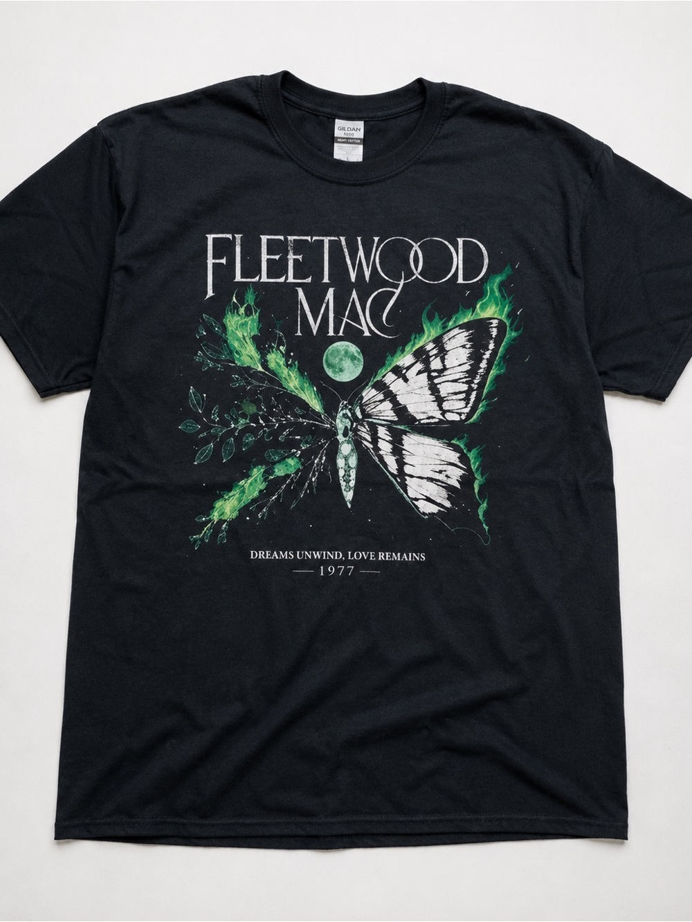 Gildan Black Fleetwood Mac Tee with Green Butterfly Graphic